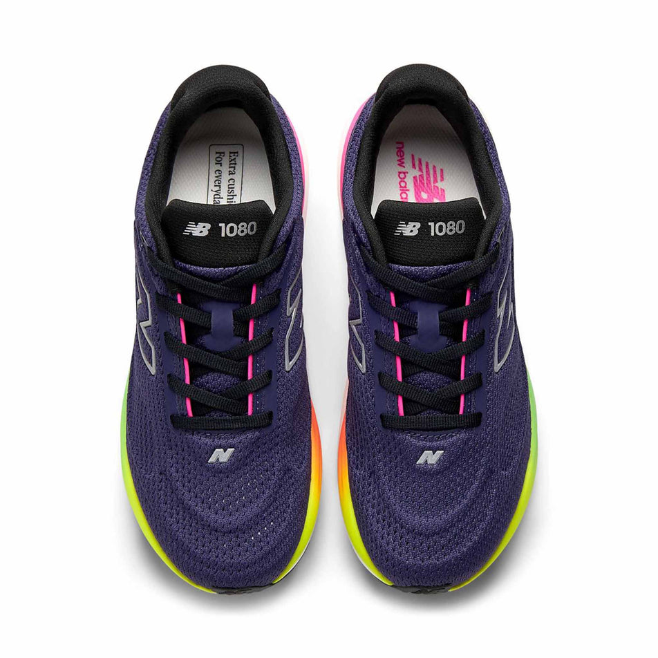 The uppers of a pair of New Balance Women's 1080 V15 Running Shoes in the Boysenberry/Alkaline Green colourway.