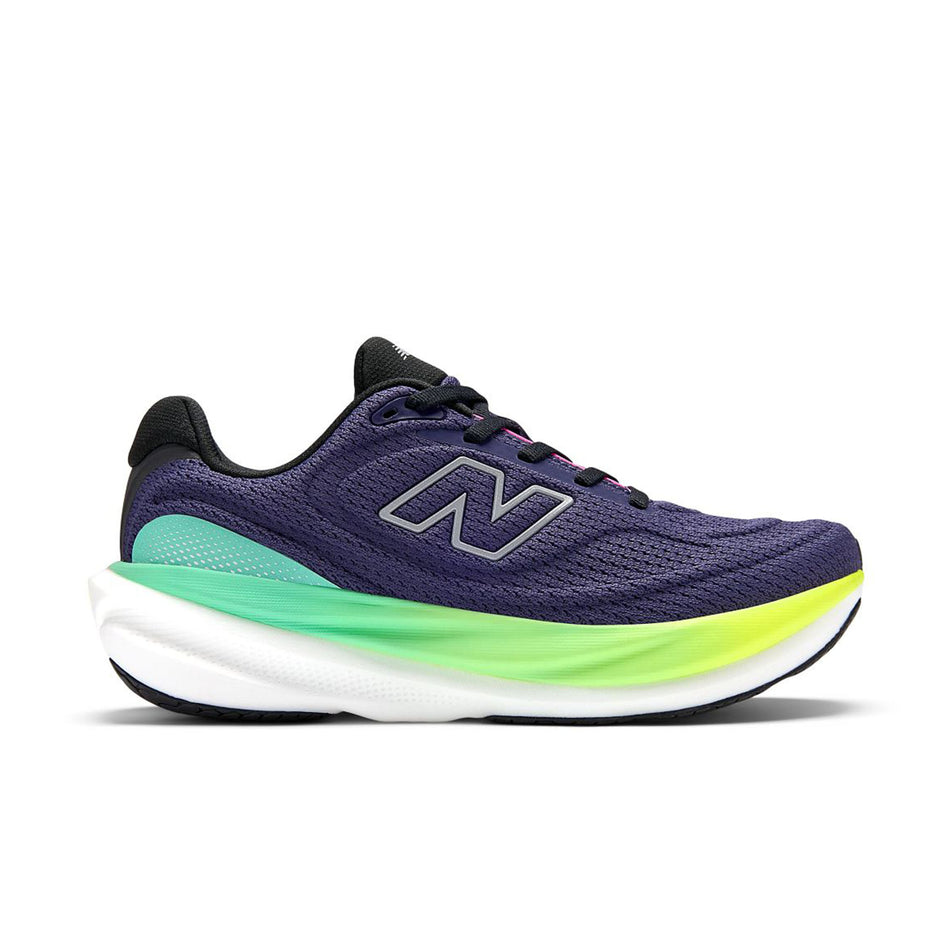 Lateral view of the right shoe from a pair of New Balance Women's 1080 V15 Running Shoes in the Boysenberry/Alkaline Green colourway.