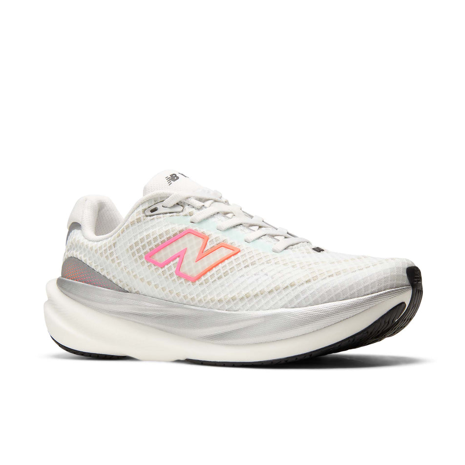 Lateral view of the right shoe from a pair of New Balance Women's 1080 V15 Running Shoes in the White/Pink Heat colourway.