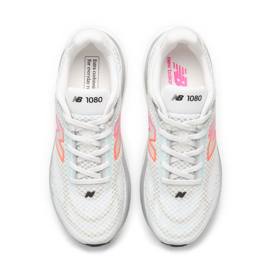 The uppers of a pair of New Balance Women's 1080 V15 Running Shoes in the White/Pink Heat colourway.