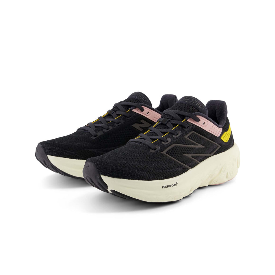 A pair of New Balance Women's Fresh Foam X 1080 V13 Running Shoes in the Black with Orb Pink and Ginger Lemon colourway (8144884170914)