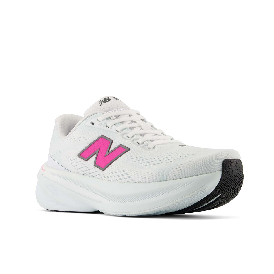 Lateral view of the right shoe from a pair of New Balance Women's Fresh Foam X 860 V15 Running Shoes in the White/Pink Heat colourway.