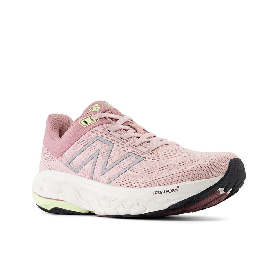 Lateral view of the right shoe from a pair of New Balance Women's Fresh Foam X 860 V14 Running Shoes in the Orb Pink/Rosewood/Limelight colourway.