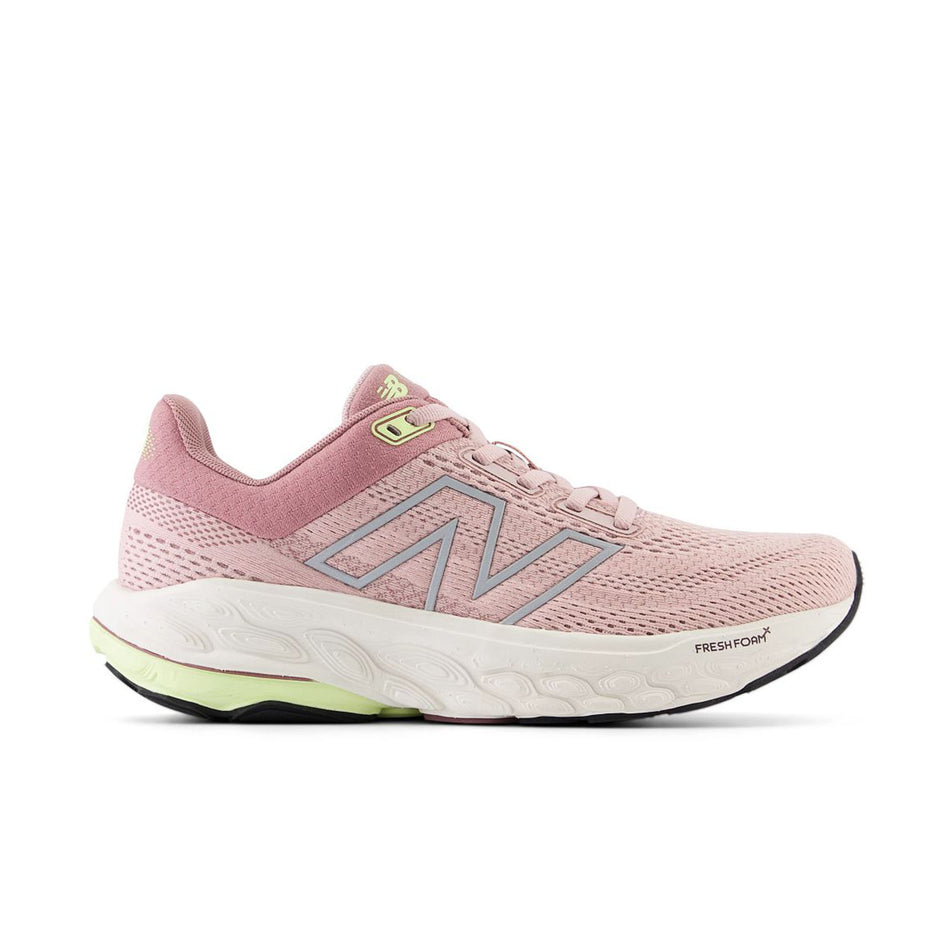 Lateral view of the right shoe from a pair of New Balance Women's Fresh Foam X 860 V14 Running Shoes in the Orb Pink/Rosewood/Limelight colourway.