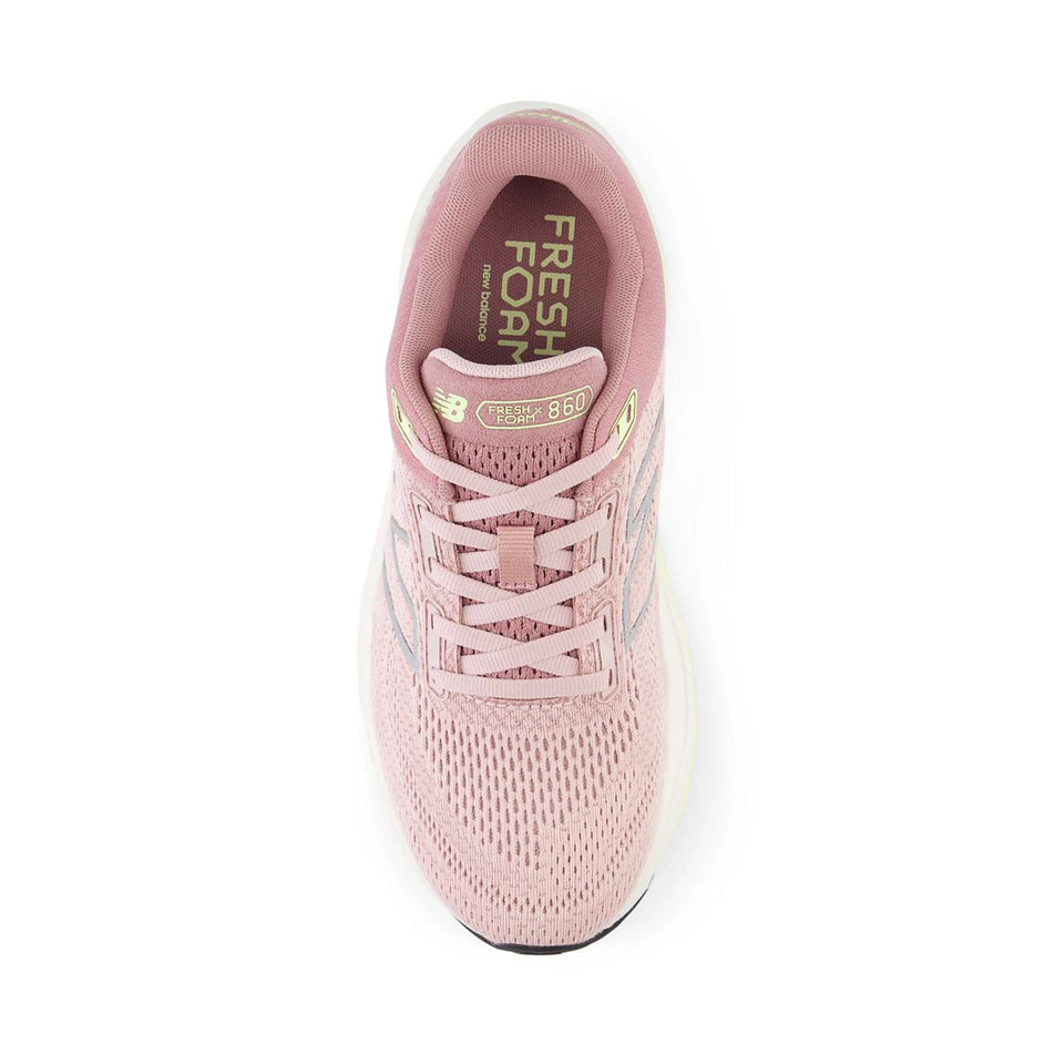 The upper of the right shoe from a pair of New Balance Women's Fresh Foam X 860 V14 Running Shoes in the Orb Pink/Rosewood/Limelight colourway.