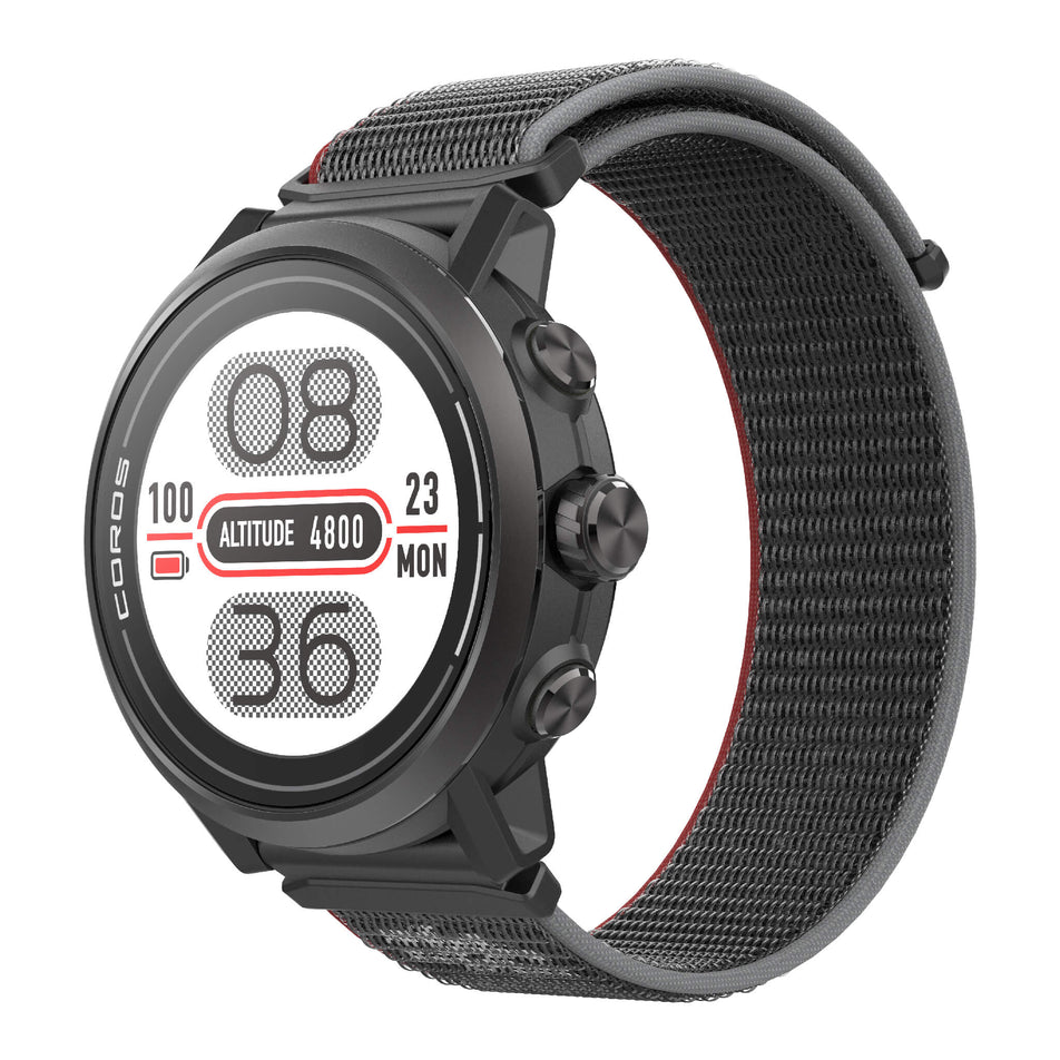 Angled front view of a COROS APEX 2 GPS Outdoor Watch in the black colourway. (7926846881954)