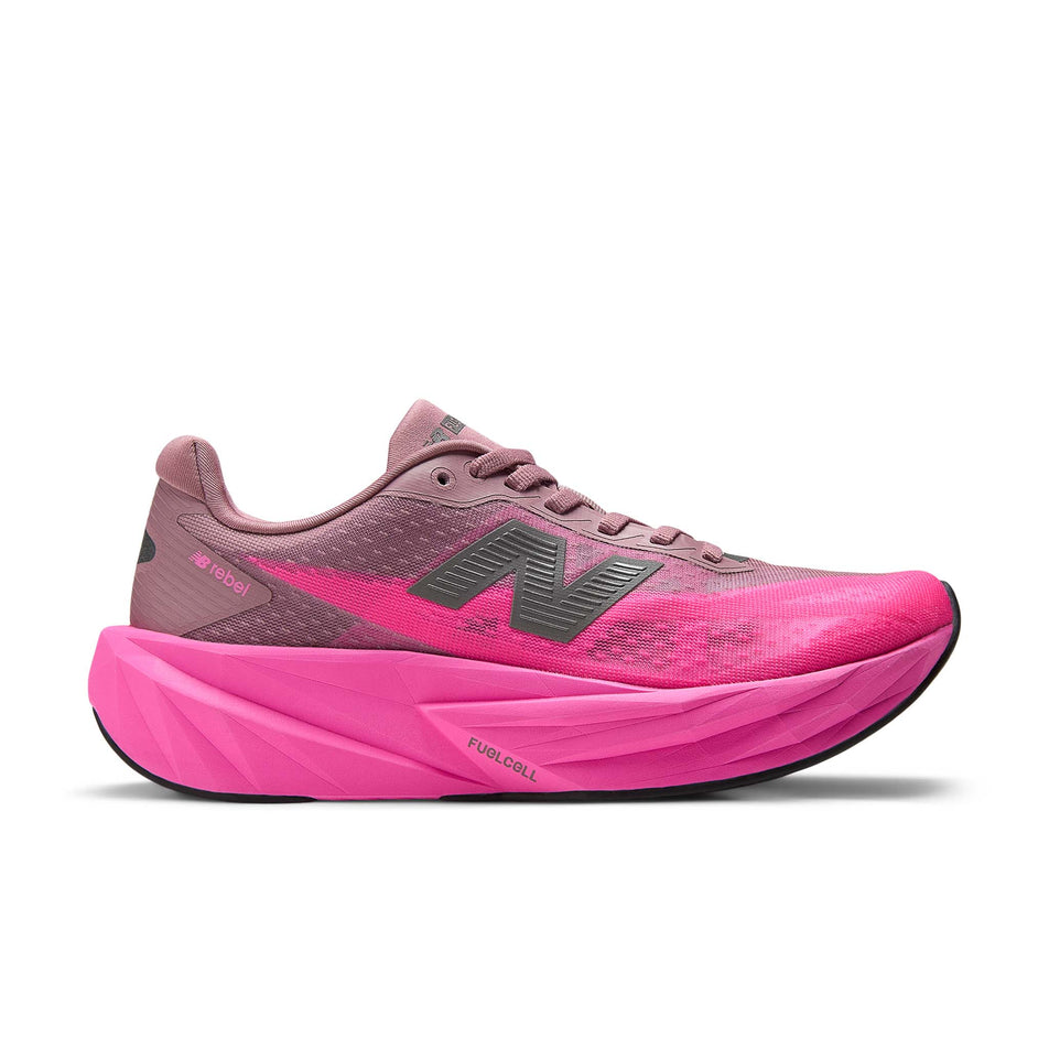 Lateral view of the right shoe from a pair of New Balance Women's Fuelcell Rebel V5 Running Shoes in the Pink Heat/Rosewood colourway.