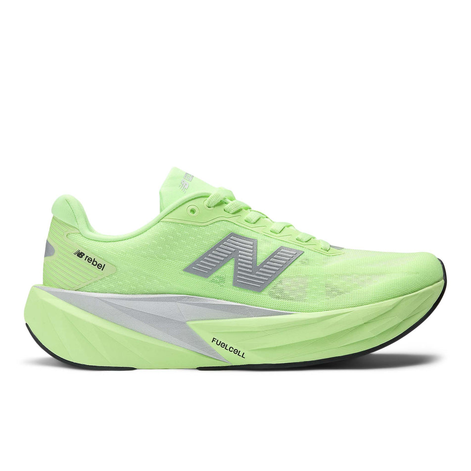 Lateral view of the right shoe from a pair of New Balance Women's Fuelcell Rebel V5 Running Shoes in the Lab Green colourway. (8722046779554)
