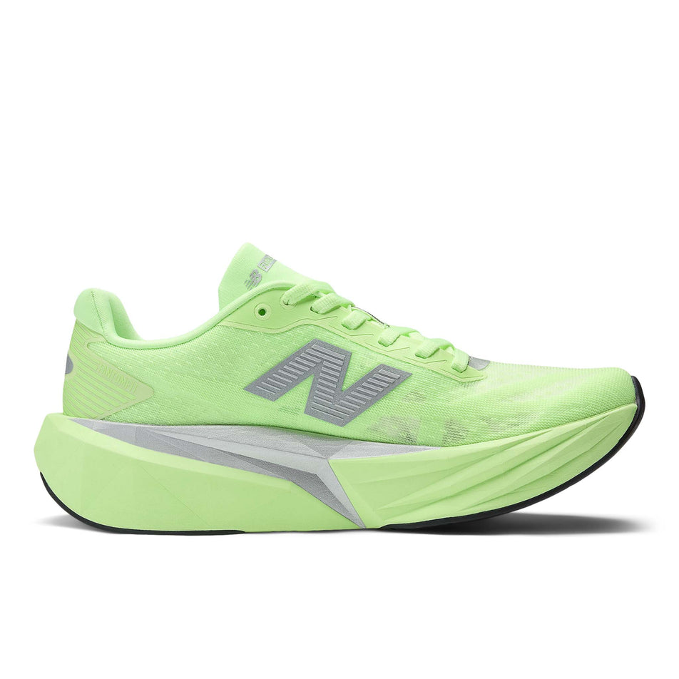 Medial view of the left shoe from a pair of New Balance Women's Fuelcell Rebel V5 Running Shoes in the Lab Green colourway. (8722046779554)