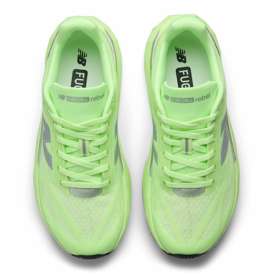 The uppers of a pair of New Balance Women's Fuelcell Rebel V5 Running Shoes in the Lab Green colourway. (8722046779554)