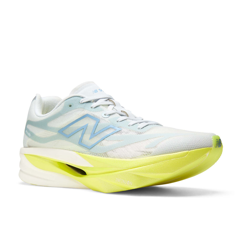 Lateral view of the right shoe from a pair of New Balance Women's FuelCell SuperComp Elite V6 Running Shoes in the Fresh Air/Alkaline Green colourway.