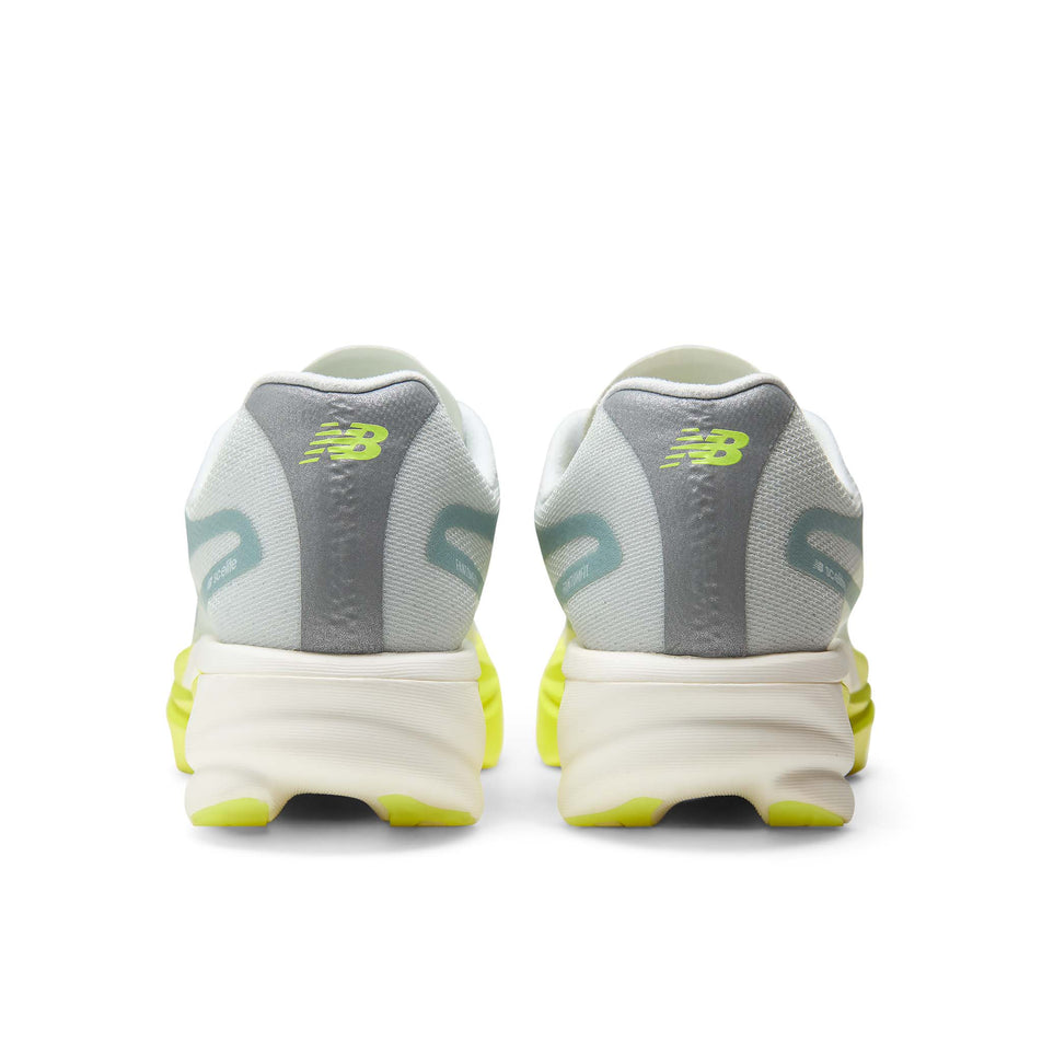 The back of a pair of New Balance Women's FuelCell SuperComp Elite V6 Running Shoes in the Fresh Air/Alkaline Green colourway.