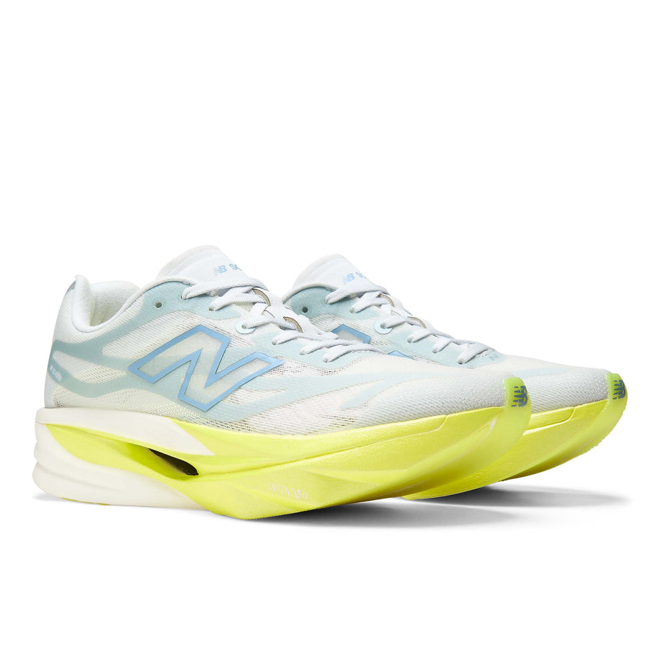 A pair of New Balance Women's FuelCell SuperComp Elite V6 Running Shoes in the Fresh Air/Alkaline Green colourway.