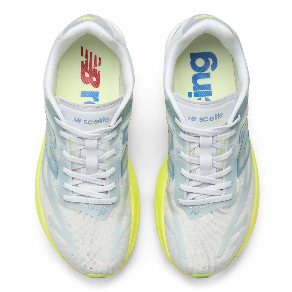 The uppers of a pair of New Balance Women's FuelCell SuperComp Elite V6 Running Shoes in the Fresh Air/Alkaline Green colourway.