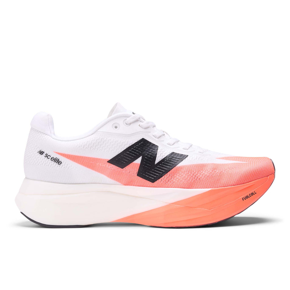 Lateral view of the right shoe from a pair of New Balance Women's FuelCell SuperComp Elite V5 Running Shoes in the Urgent Red colourway. (8722037670050)