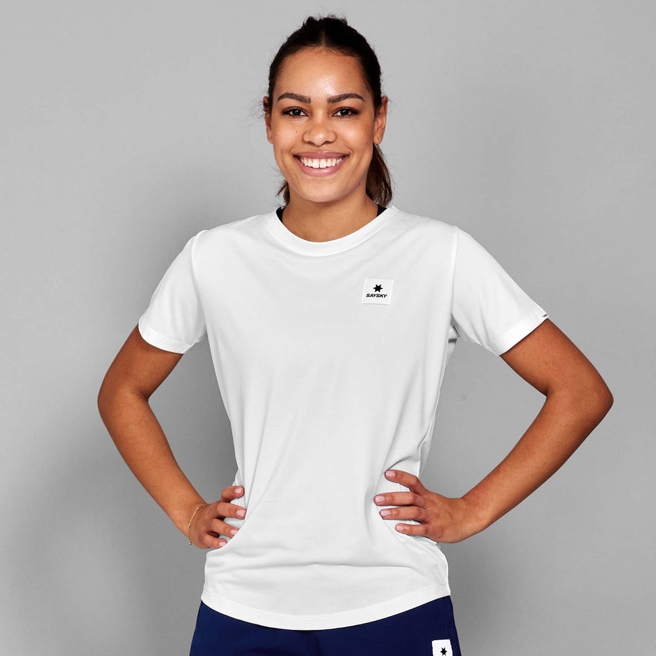 Front view of a model wearing the SAYSKY Women's Clean Combat Pro T-Shirt in the White colourway. (8730994835618)