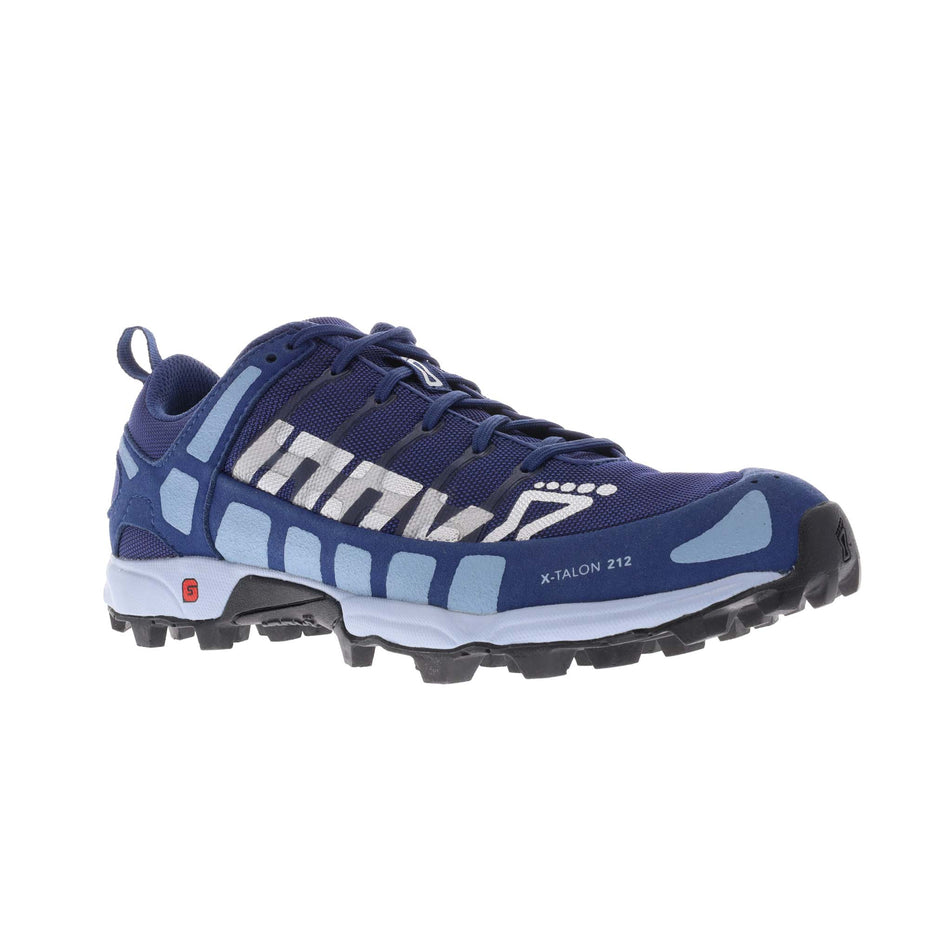 Right shoe anterior angled view of Inov-8 Women's X-Talon 212 v2 Running Shoes in blue (7759990685858)