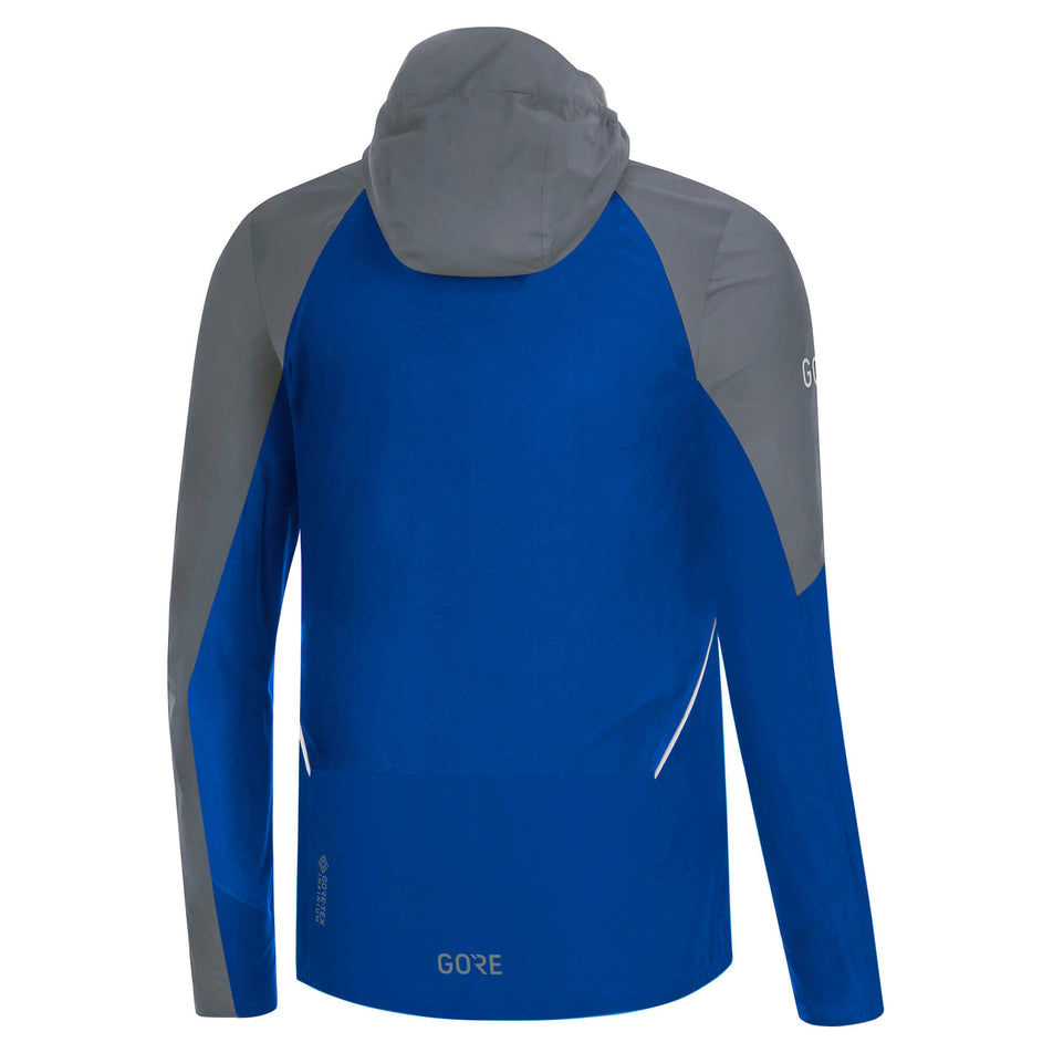 Back view of a GORE® Wear Men's R7 Partial GTX Hooded Jacket in the Ultramarine Blue/Lab Gray colourway (7763473891490)