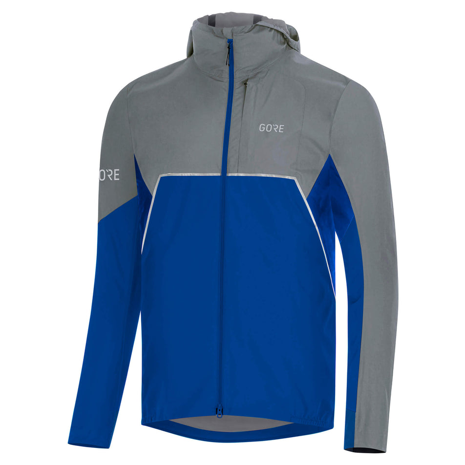Front view of a GORE® Wear Men's R7 Partial GTX Hooded Jacket in the Ultramarine Blue/Lab Gray colourway (7763473891490)