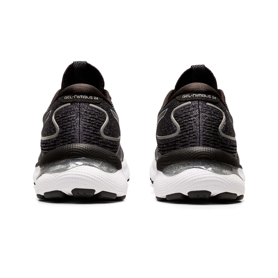 Posterior view of women's asics gel-nimbus 24 running shoes in black (7520691880098)