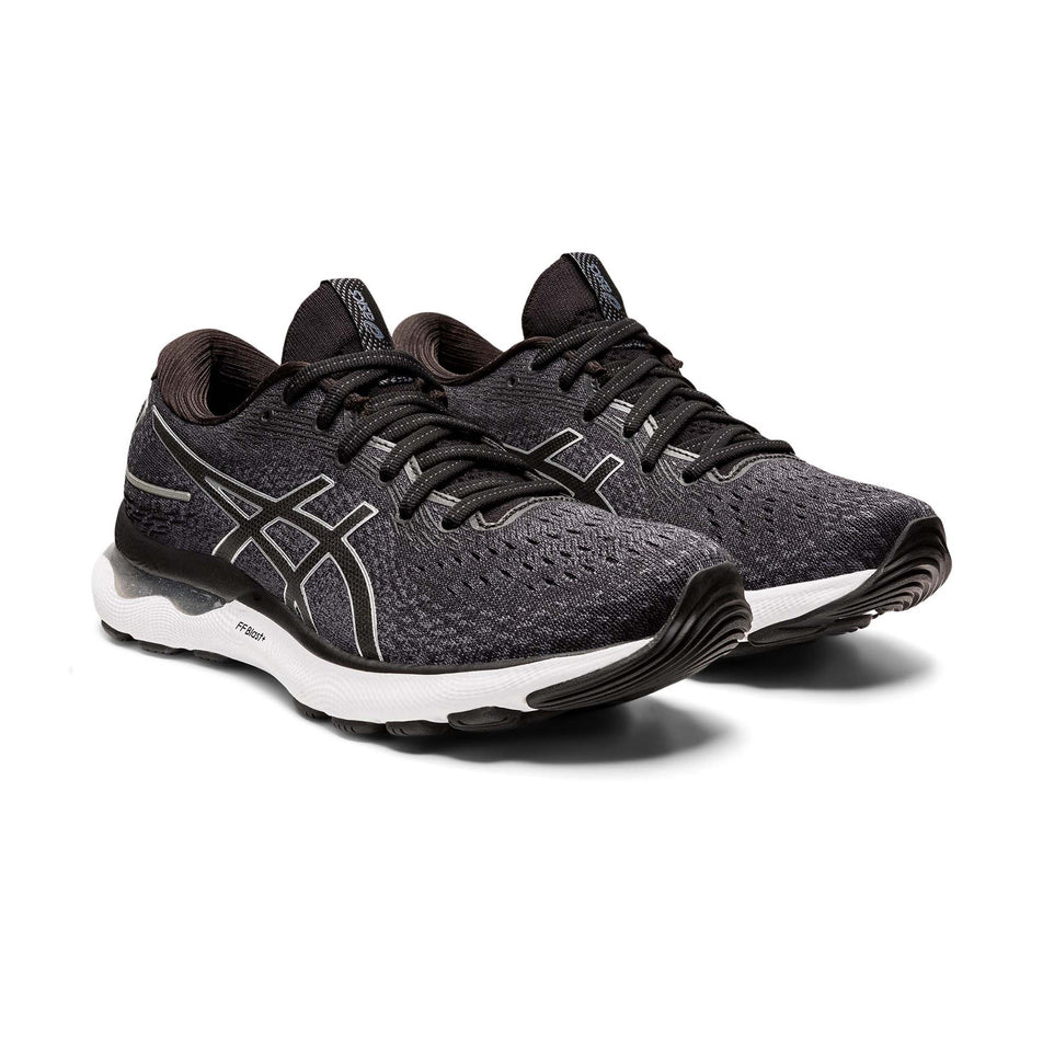 Anterior angled view of women's asics gel-nimbus 24 running shoes in black (7520691880098)