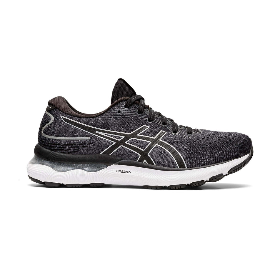 Lateral view of women's asics gel-nimbus 24 running shoes in black (7520691880098)