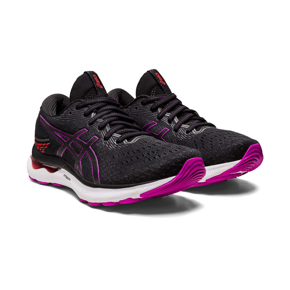 Anterior angled view of women's asics gel-nimbus 24 running shoes in black (7520651378850)