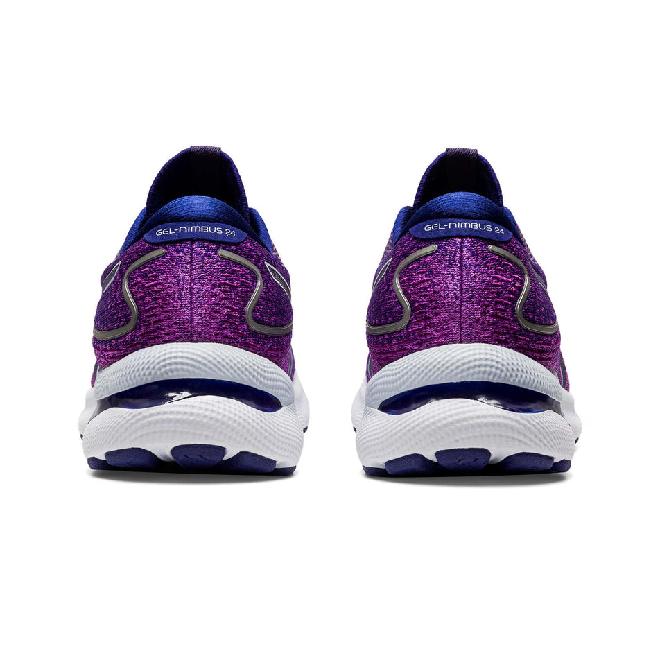 Posterior view of women's asics gel-nimbus 24 running shoes in purple (7520666976418)