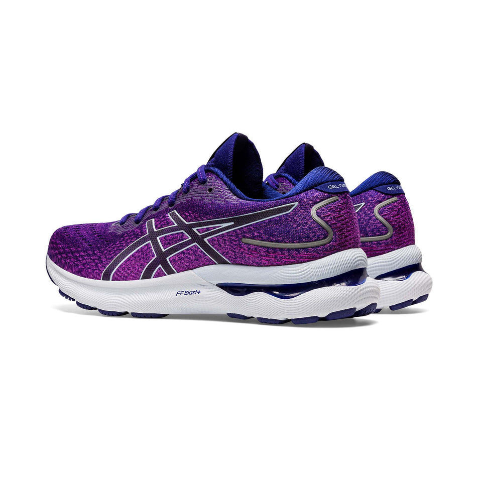Posterior angled view of women's asics gel-nimbus 24 running shoes in purple (7520666976418)