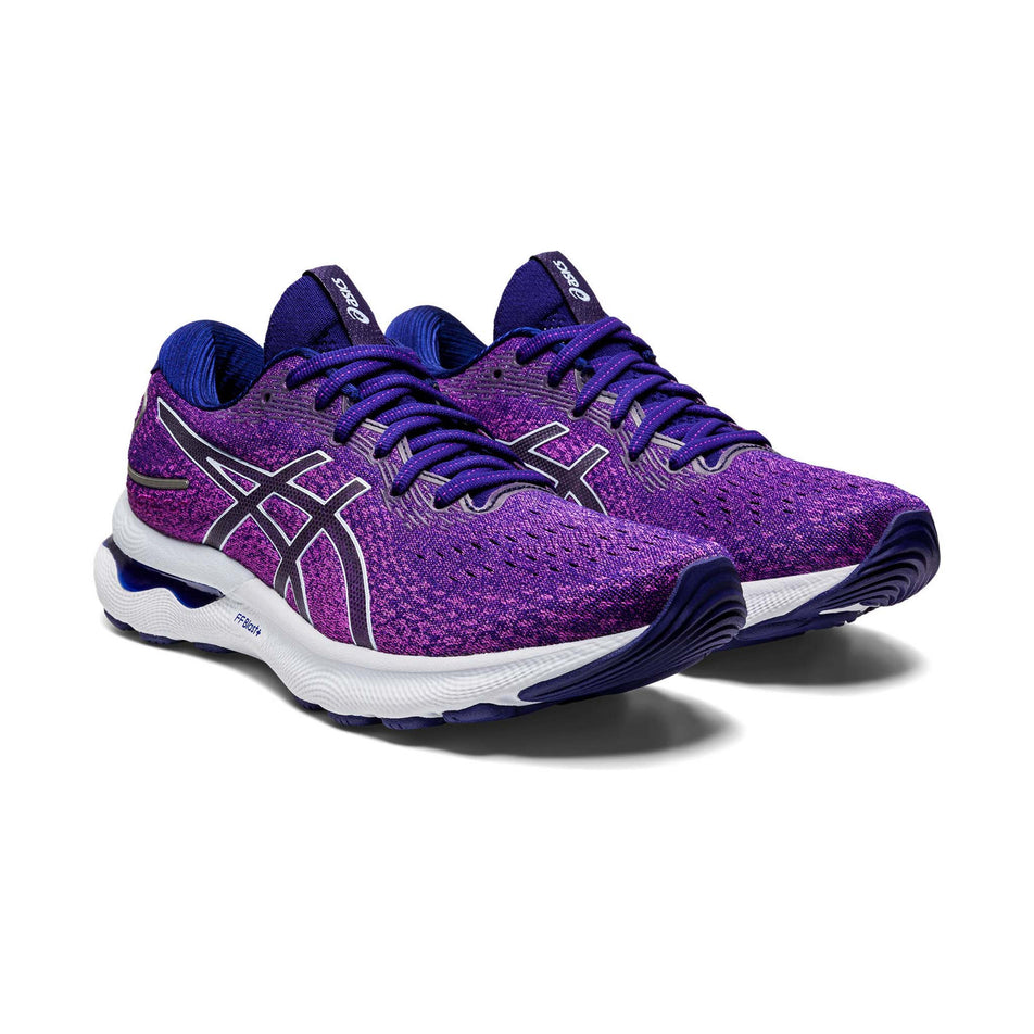 Anterior angled view of women's asics gel-nimbus 24 running shoes in purple (7520666976418)