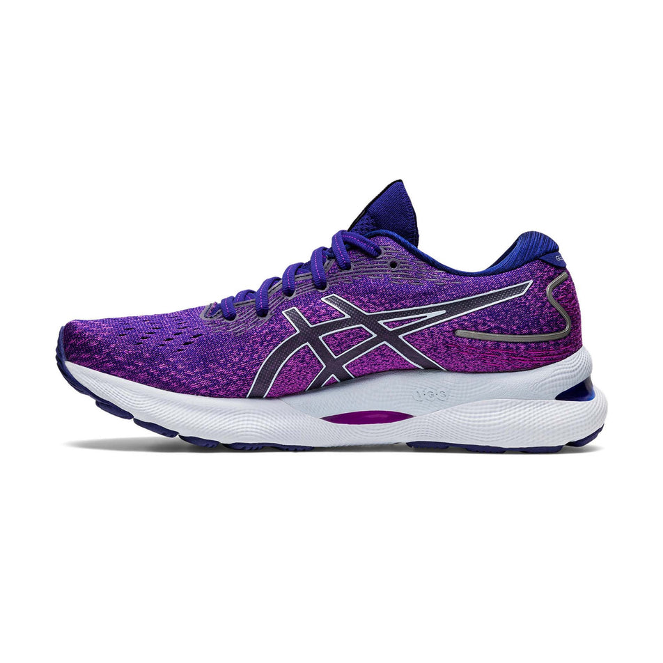 Medial view of women's asics gel-nimbus 24 running shoes in purple (7520666976418)
