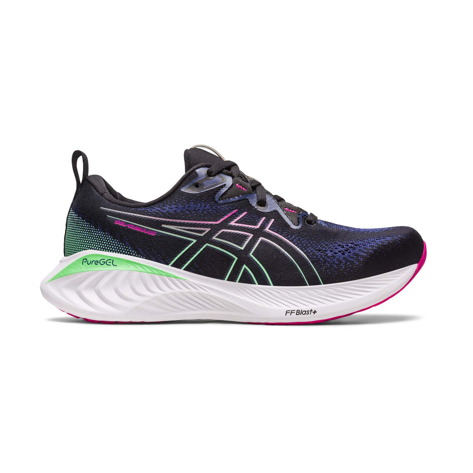 Lateral side of the right shoe from a pair of Asics Women's Gel-Cumulus 25 Running Shoes in the Black/Pink Rave colourway (7900873261218)
