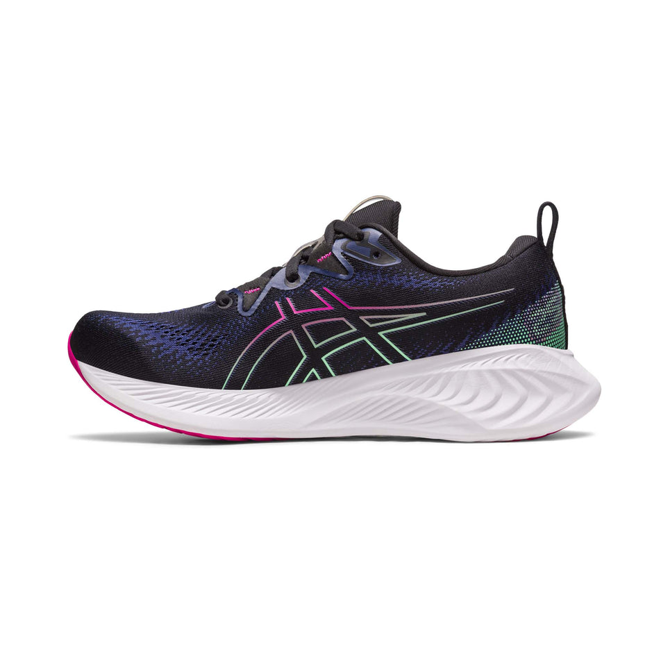 Medial side of the right shoe from a pair of Asics Women's Gel-Cumulus 25 Running Shoes in the Black/Pink Rave colourway (7900873261218)
