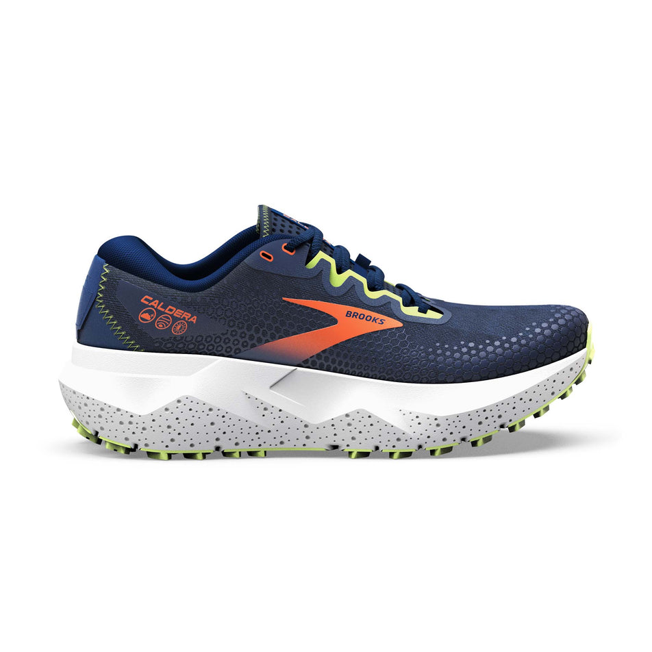Lateral side of the right shoe from a pair of Brooks Men's Caldera 6 Running Shoes in the Navy/Firecracker/Sharp Green colourway (7903708938402)