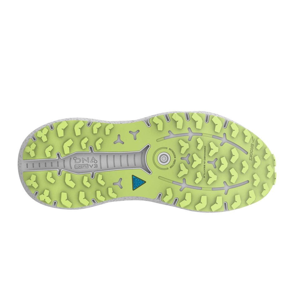 The outsole of the right shoe from a pair of Brooks Men's Caldera 6 Running Shoes in the Navy/Firecracker/Sharp Green colourway (7903708938402)