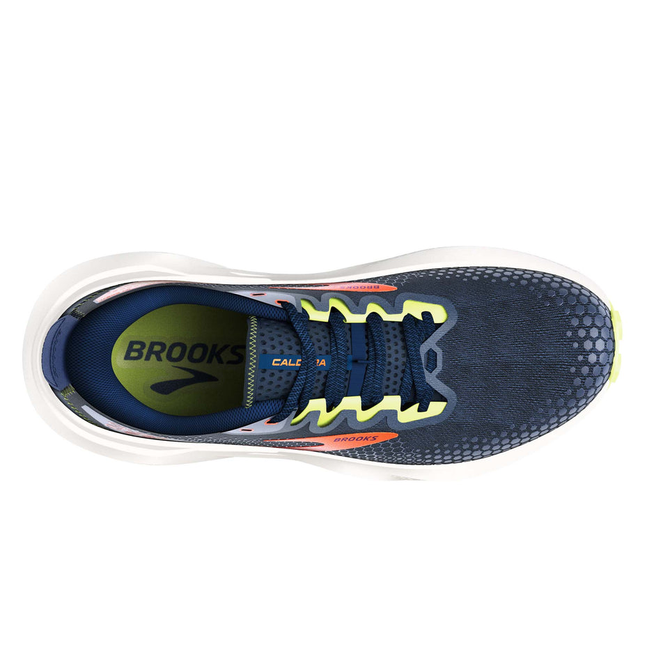 The upper of the right shoe from a pair of Brooks Men's Caldera 6 Running Shoes in the Navy/Firecracker/Sharp Green colourway (7903708938402)
