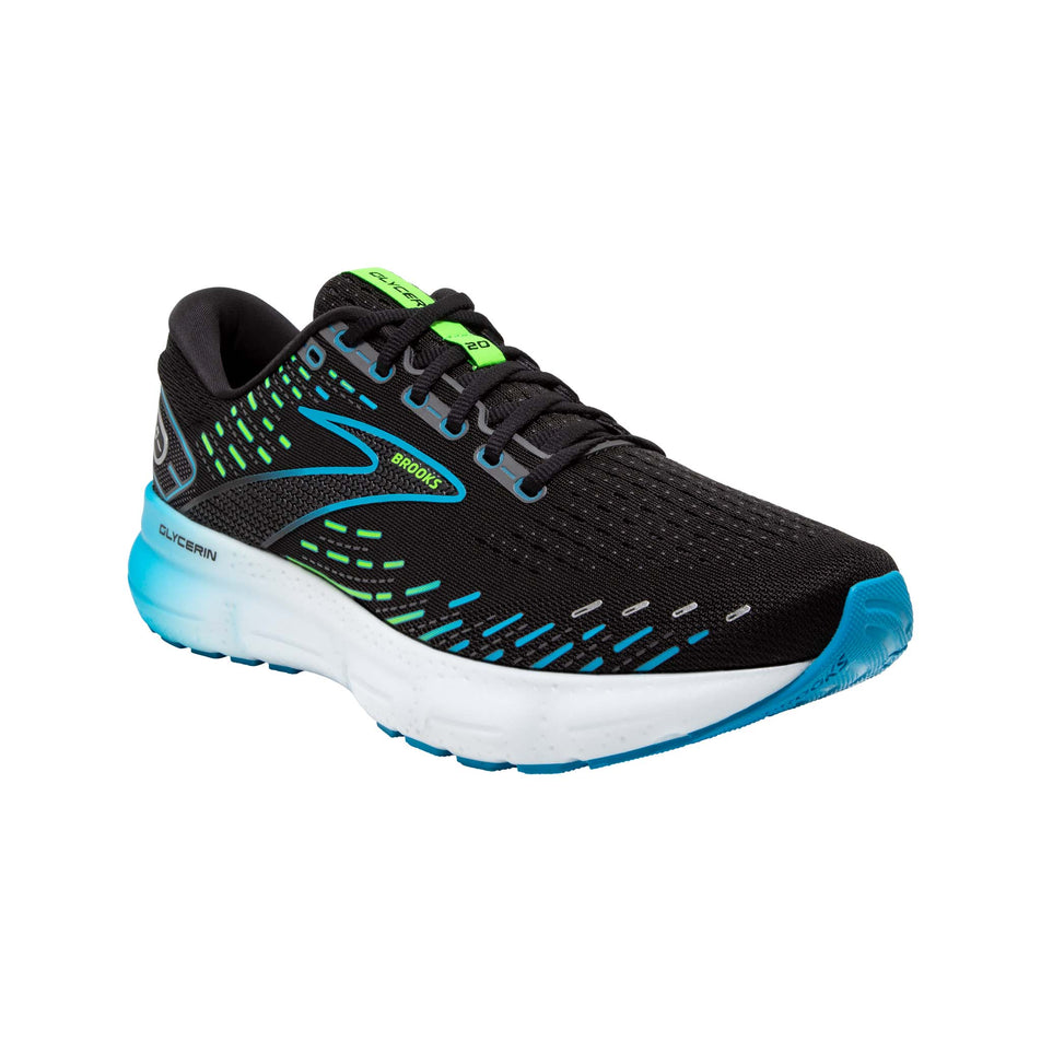 Lateral side of the right shoe from a pair of Brooks Men's Glycerin 20 Running Shoes in the Black/Hawaiian Ocean/Green colourway.  (7901108240546)