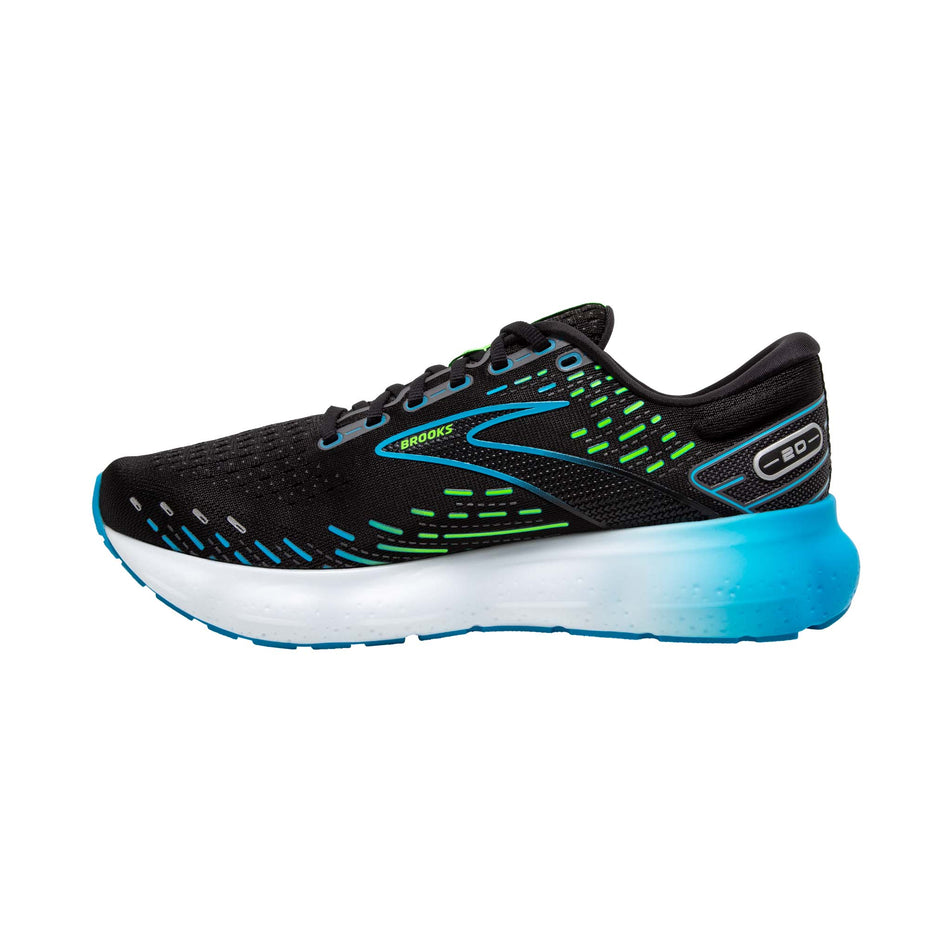 Medial side of the right shoe from a pair of Brooks Men's Glycerin 20 Running Shoes in the Black/Hawaiian Ocean/Green colourway (7901108240546)
