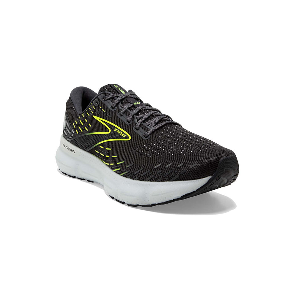 Anterior angled view of Brooks Men's Glycerin 20 running shoes in black (7599124349090)