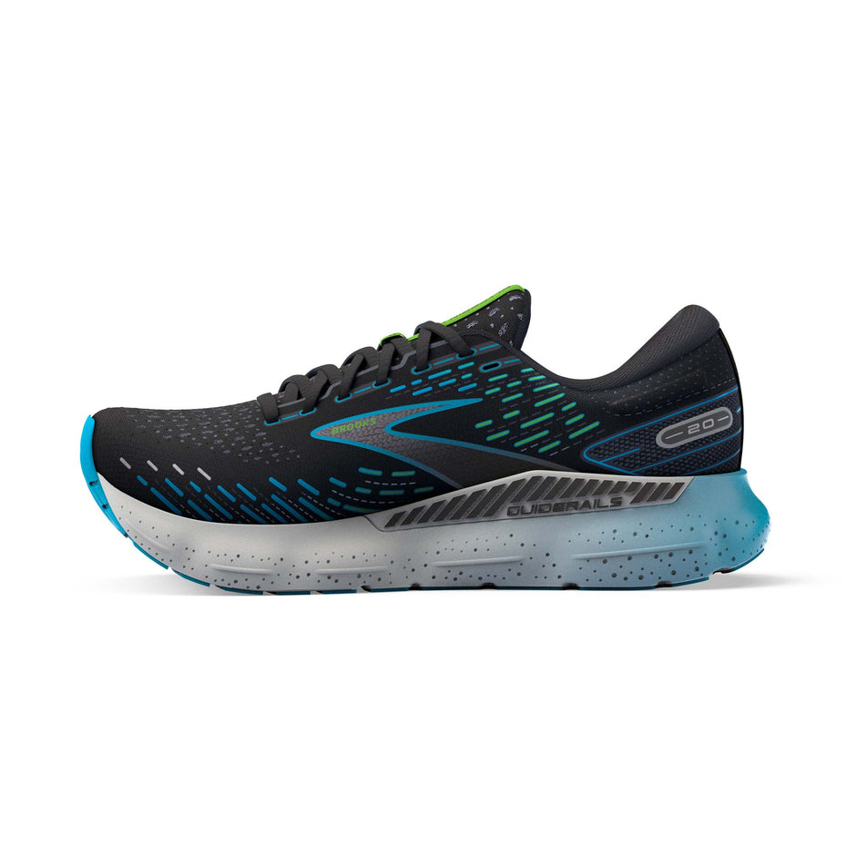 Medial side of the right shoe from a pair of Brooks Men's Glycerin GTS 20 Running Shoes in the Black/Hawaiian Ocean/Green colourway (7903703269538)