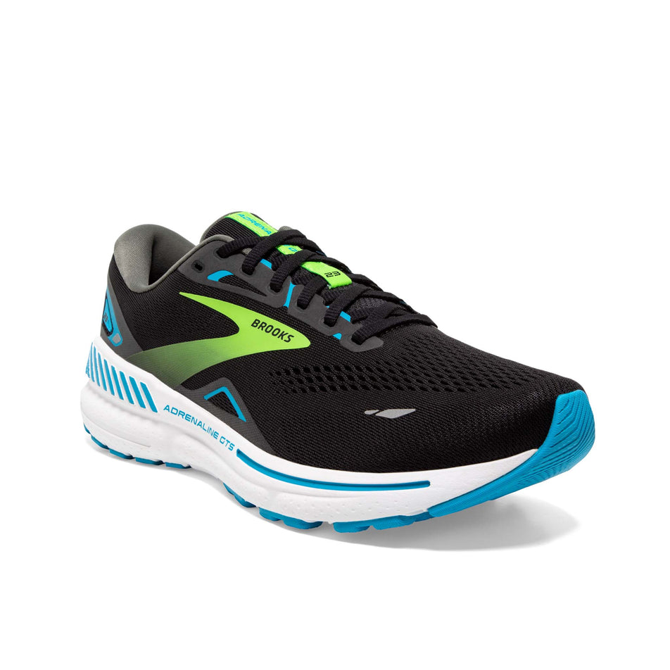 Lateral side of the right shoe from a pair of BrooksMen's Adrenaline GTS 23 Running Shoes in the Black/Hawaiian Ocean/Green colourway (7903670763682)
