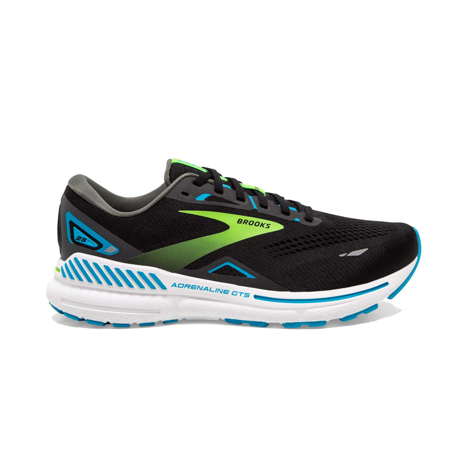 Lateral side of the right shoe from a pair of BrooksMen's Adrenaline GTS 23 Running Shoes in the Black/Hawaiian Ocean/Green colourway  (7903670763682)