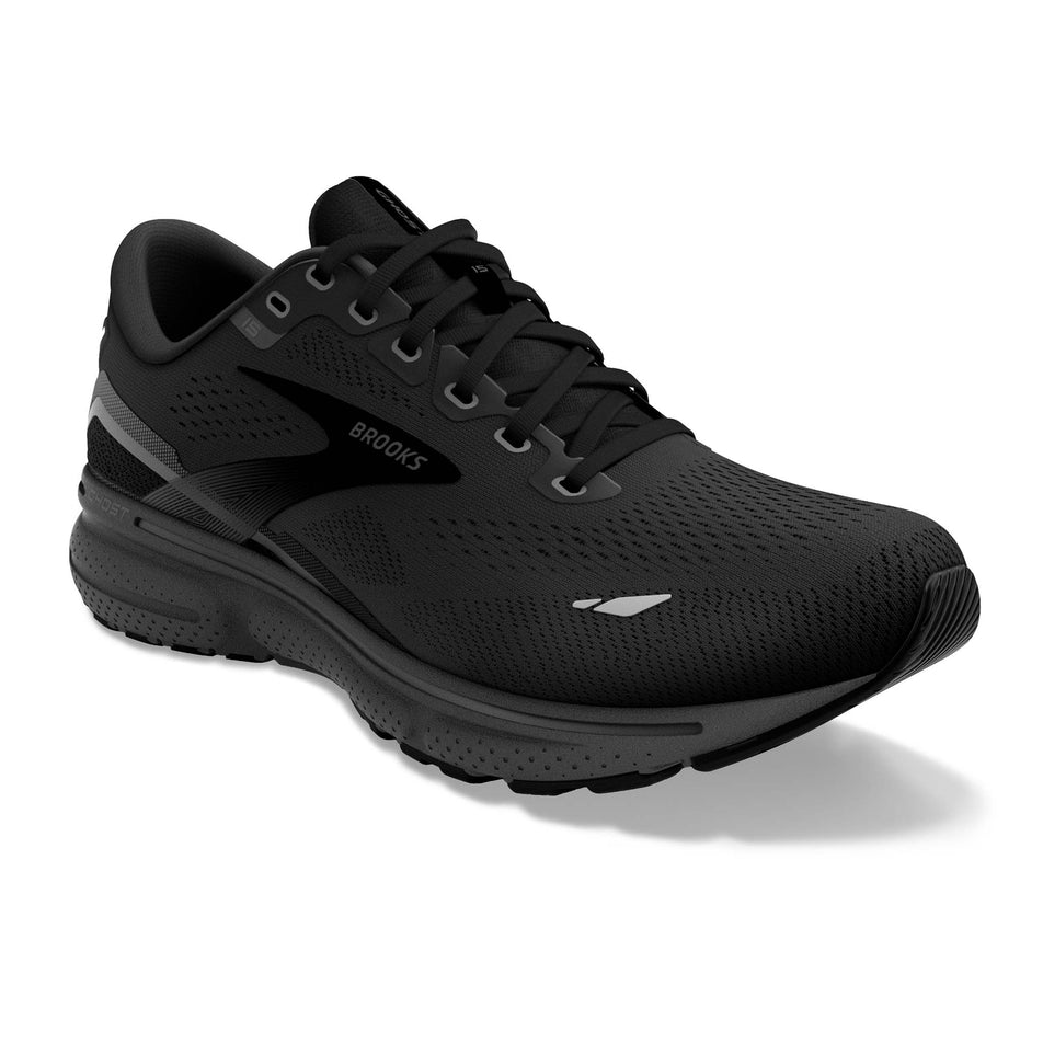 Right shoe anterior angled view of Brooks Men's Ghost 15 Running Shoes in black (7709821567138)