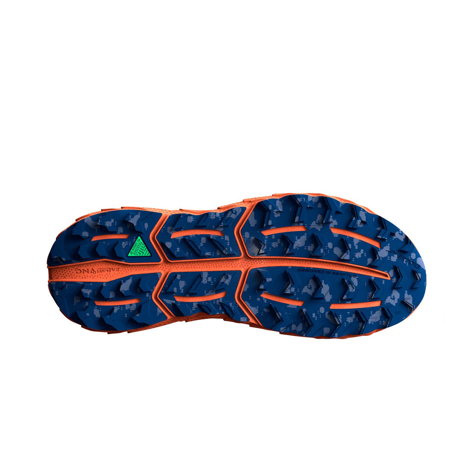 The outsole of the right shoe from a pair of Brooks Men's Cascadia 17 Running Shoes in the Sharp Green/Navy/Firecracker colourway (7903706906786)