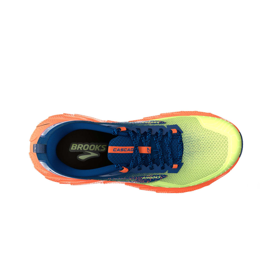 The upper of the right shoe from a pair of Brooks Men's Cascadia 17 Running Shoes in the Sharp Green/Navy/Firecracker colourway (7903706906786)