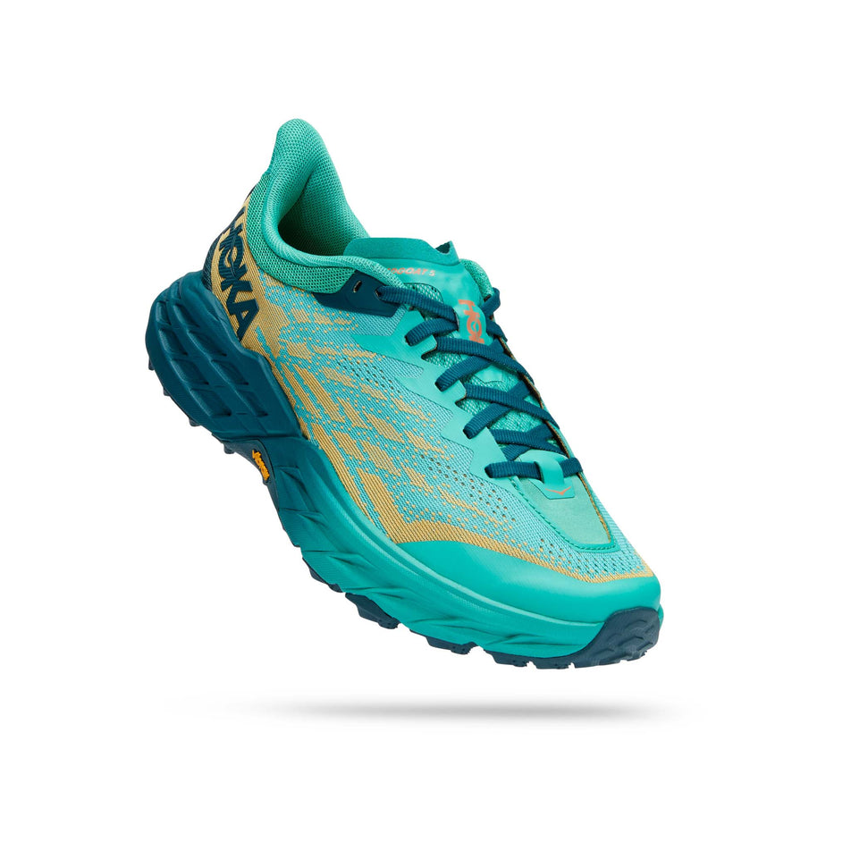 Anterior angled view of women's hoka speedgoat 5 running shoes in blue (7527136395426)
