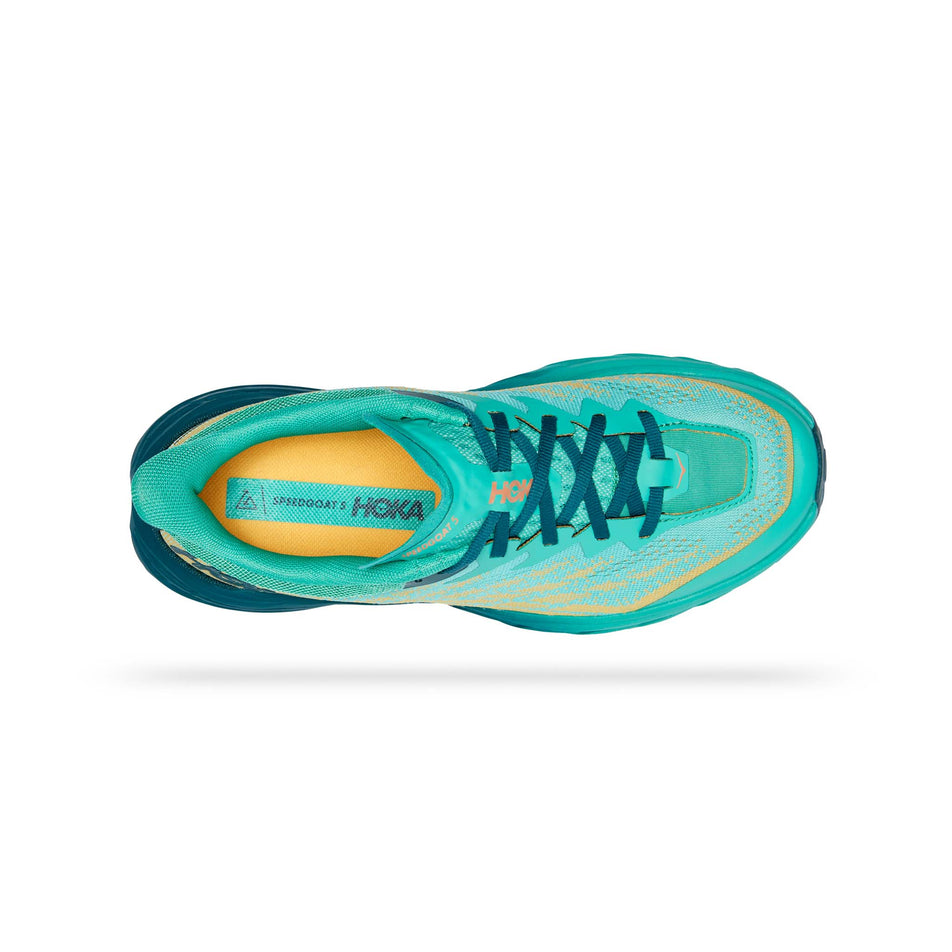 Upper view of women's hoka speedgoat 5 running shoes in blue (7527136395426)