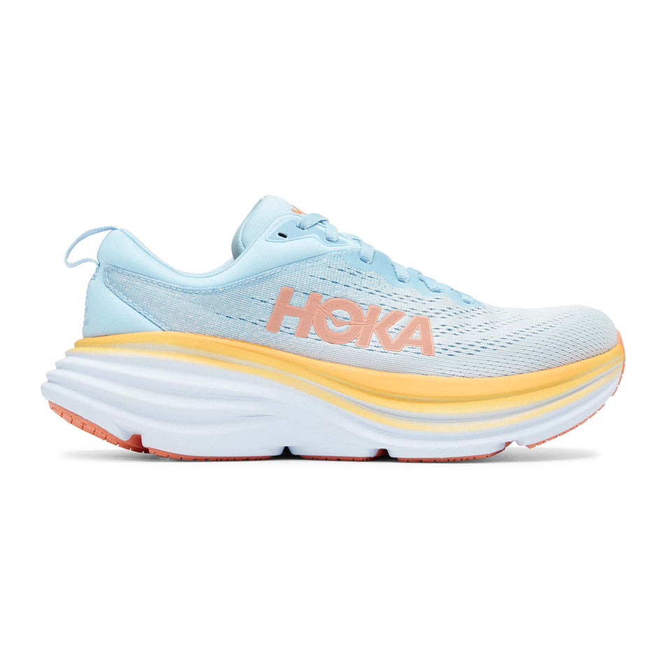 Lateral view of women's hoka bondi 8 running shoes in the blue colourway (7511210459298)