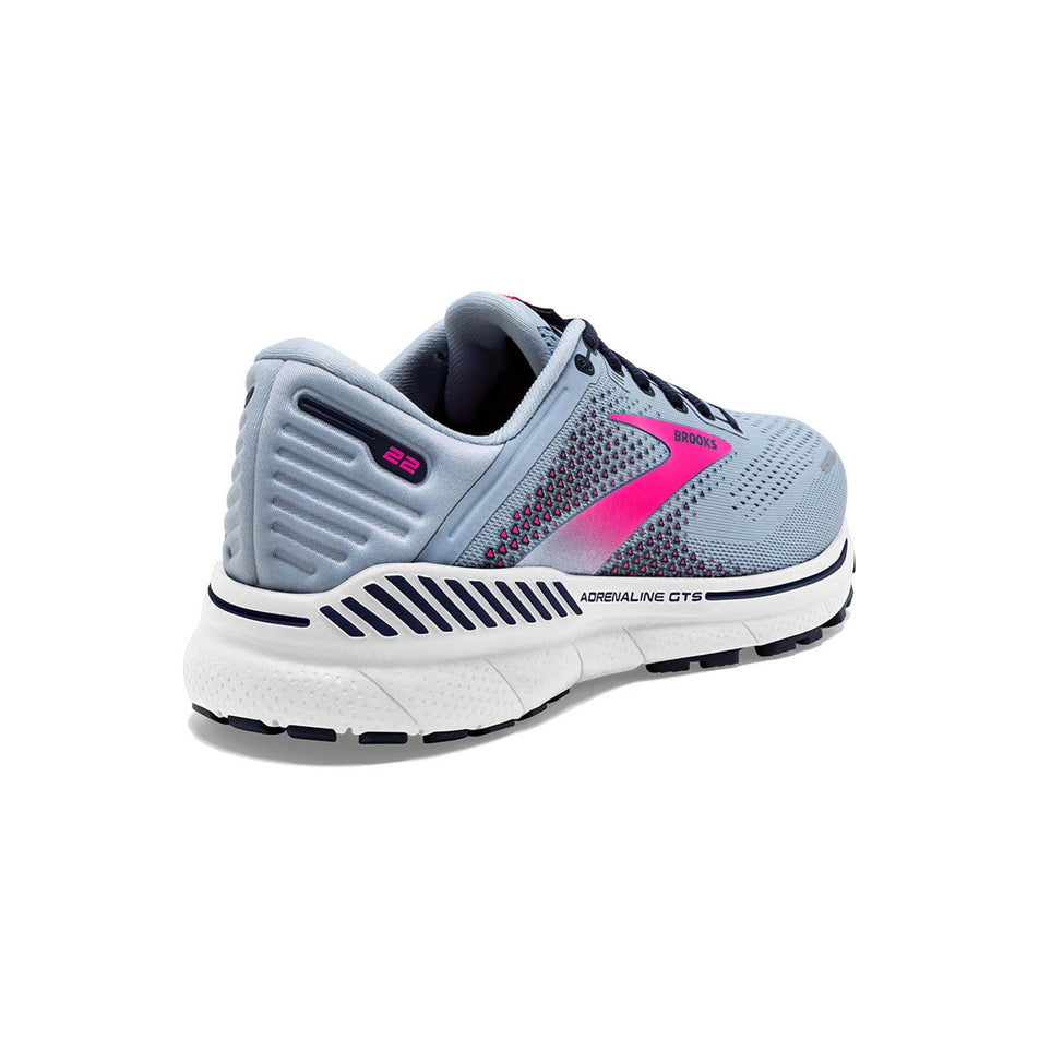 Posterior angled view of women's brooks adrenaline gts 22 running shoes in blue (7511153016994)