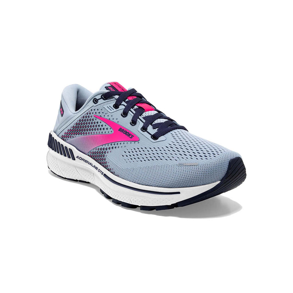 Anterior angled view of women's brooks adrenaline gts 22 running shoes in blue (7511153016994)